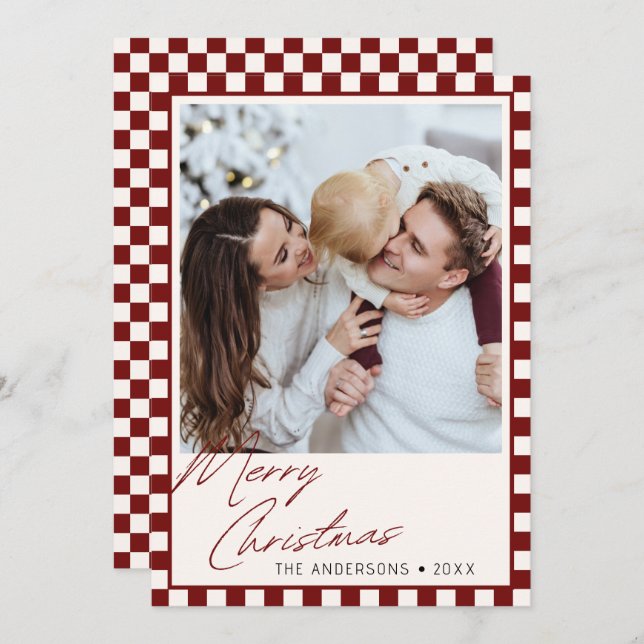 Groovy chequered Editable Colour Christmas Photo Holiday Card (Front/Back)