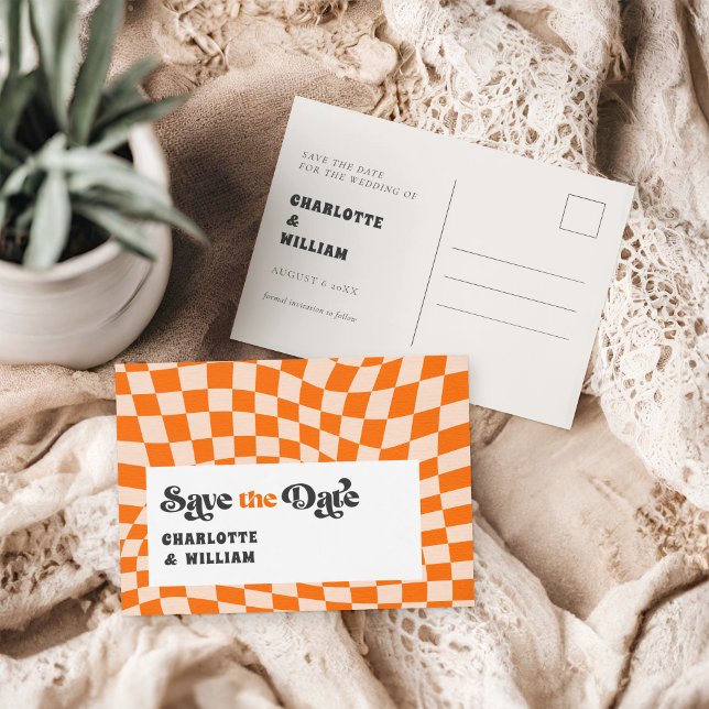 Groovy Chequered Retro Wedding Save the Date Postcard (Creator Uploaded)