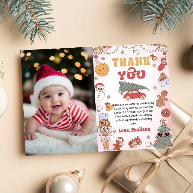 Groovy Christmas Birthday Photo Thank You Card (Creator Uploaded)