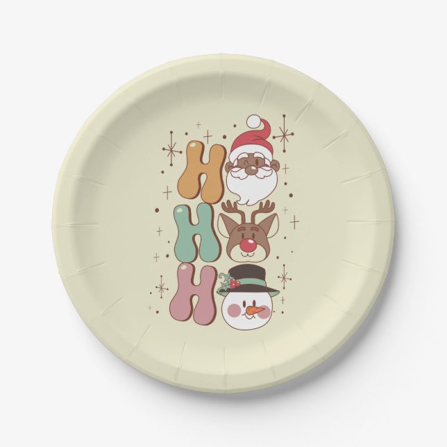 groovy christmas black santa reindeer snowman ho paper plate (Front)