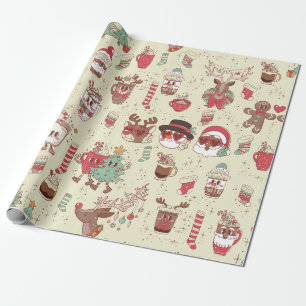 groovy christmas black santa snowman reindeer wrapping paper