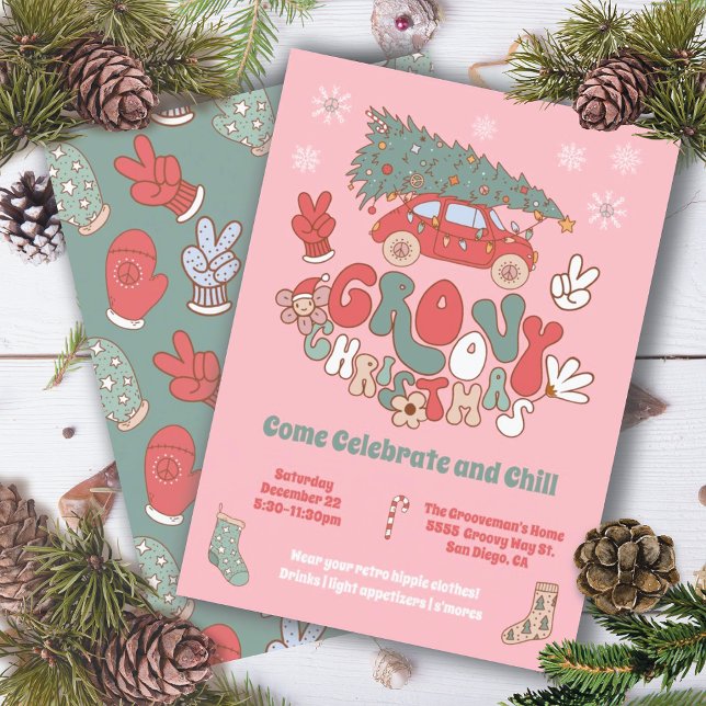 Groovy Christmas Hippie Party Car Tree Invitation (Creator Uploaded)