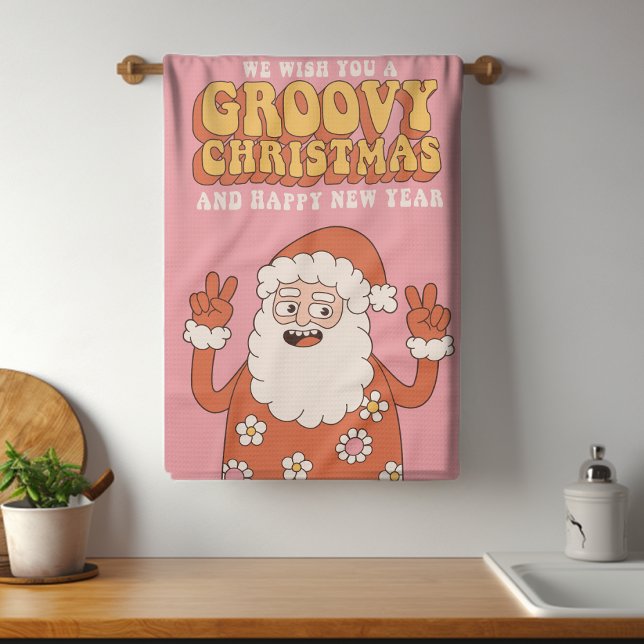 Groovy Christmas Merry Santa Funny Retro Hippie Tea Towel (Creator Uploaded)