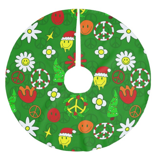 groovy christmas peace sign happy face  brushed polyester tree skirt (Front)