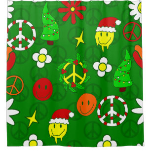 groovy christmas peace sign happy face  shower curtain