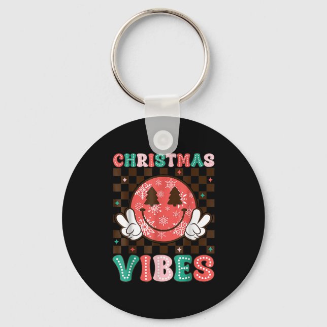 Groovy Christmas Vibes Happy Smile Face Xmas Holid Key Ring (Front)