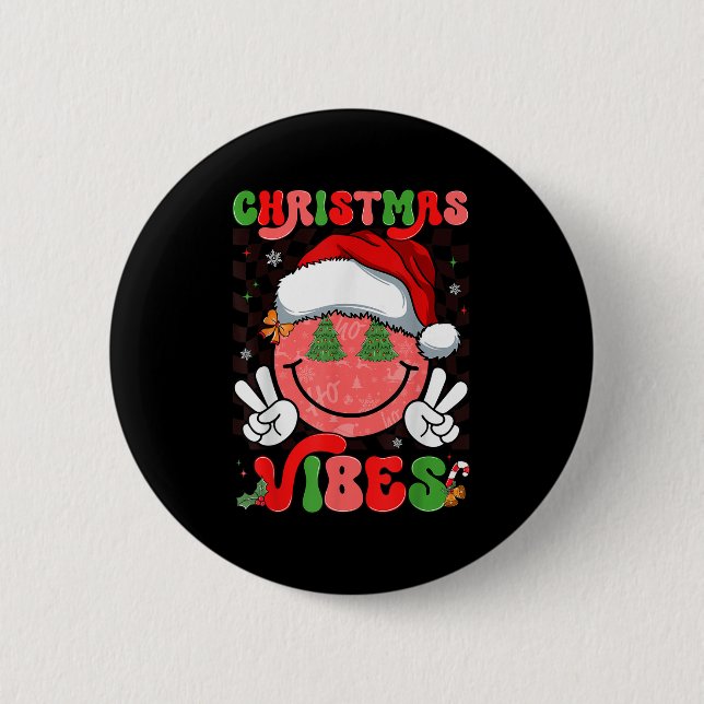 Groovy Christmas Vibes Smile Face Santa Hat Xmas M 6 Cm Round Badge (Front)