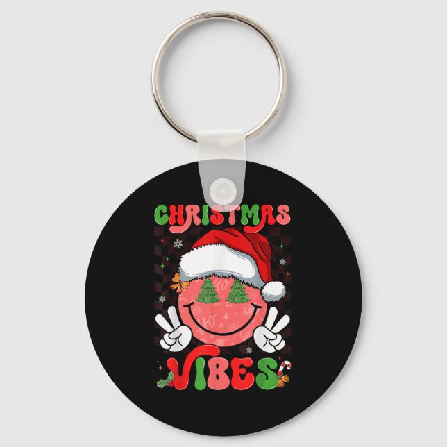 Groovy Christmas Vibes Smile Face Santa Hat Xmas M Key Ring (Front)