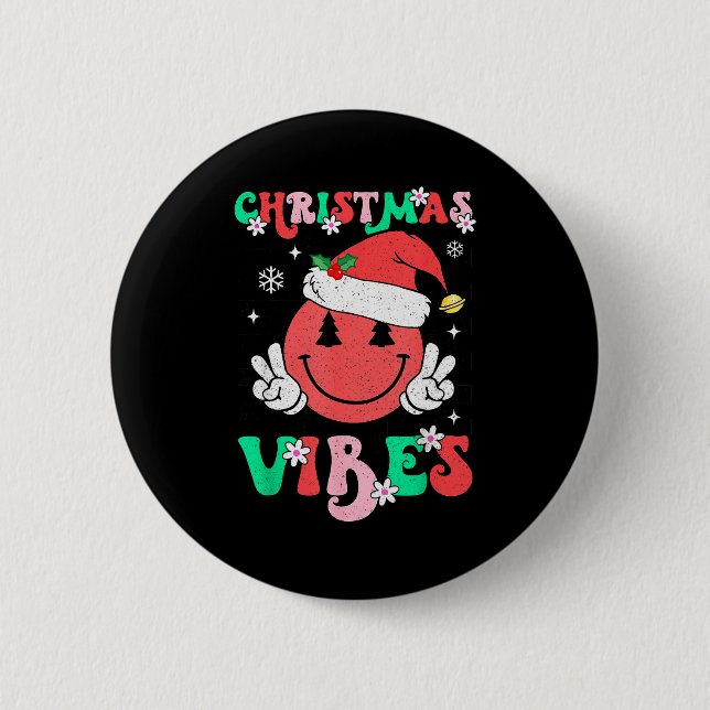 Groovy Christmas Vibes Smile Face Santa Hat Xmas T 6 Cm Round Badge (Front)