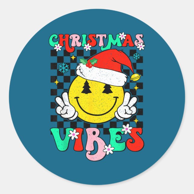Groovy Christmas Vibes Smile Face Santa Hat Xmas T Classic Round Sticker (Front)