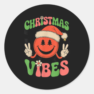 Groovy Christmas Vibes Smile Face Santa Hat Xmas T Classic Round Sticker