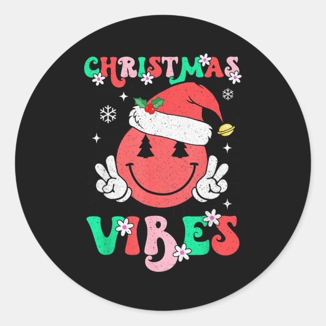 Groovy Christmas Vibes Smile Face Santa Hat Xmas T Classic Round Sticker (Front)
