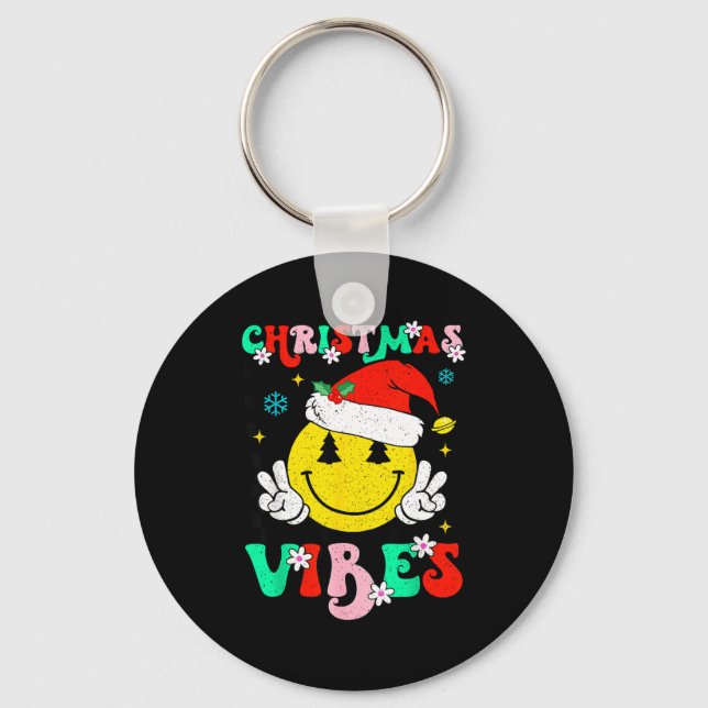 Groovy Christmas Vibes Smile Face Santa Hat Xmas T Key Ring (Front)