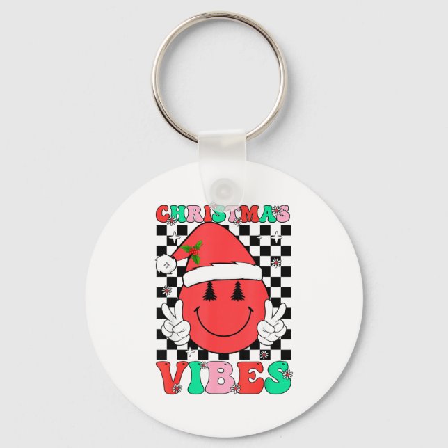 Groovy Christmas Vibes Smile Face Santa Hat Xmas T Key Ring (Front)