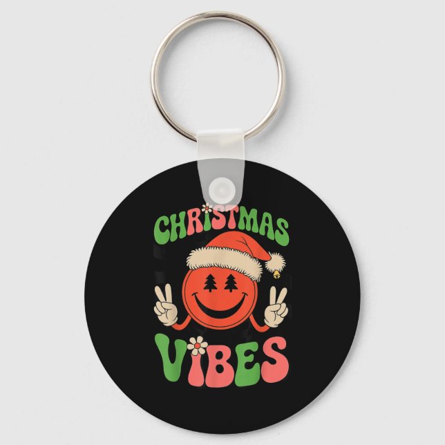 Groovy Christmas Vibes Smile Face Santa Hat Xmas T Key Ring (Front)