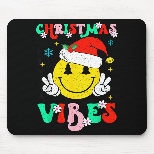 Groovy Christmas Vibes Smile Face Santa Hat Xmas T Mouse Mat (Front)