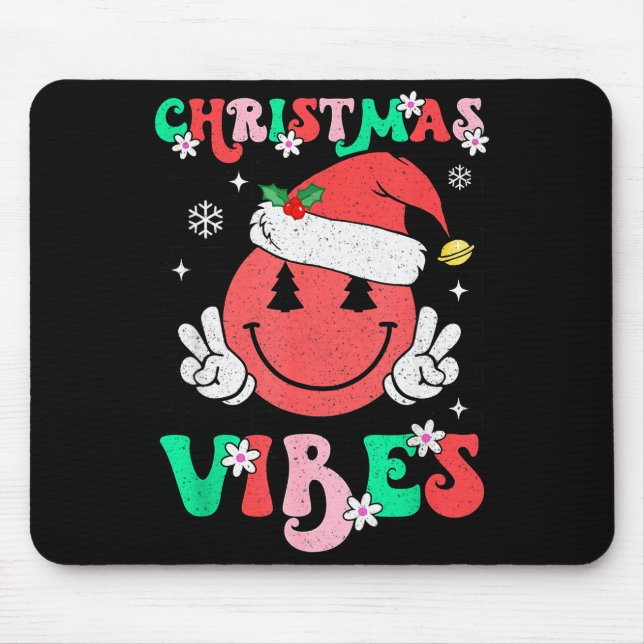 Groovy Christmas Vibes Smile Face Santa Hat Xmas T Mouse Mat (Front)