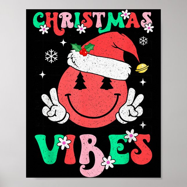 Groovy Christmas Vibes Smile Face Santa Hat Xmas T Poster (Front)
