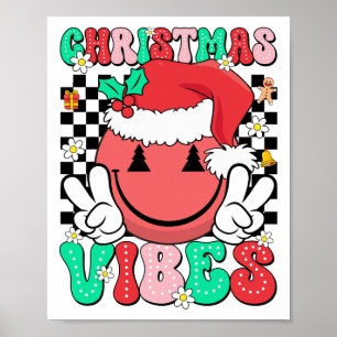 Groovy Christmas Vibes Smile Face Santa Hat Xmas T Poster