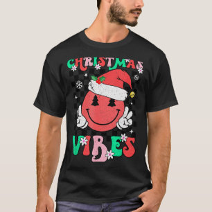 Groovy Christmas Vibes Smile Face Santa Hat Xmas T T-Shirt