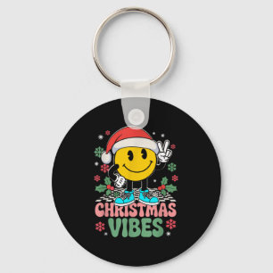 Groovy Christmas Vibes Smile Wearing Santa Hat Xma Key Ring