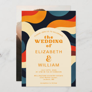 Groovy Colorful Retro Wavy Boho Wedding Photo Invitation