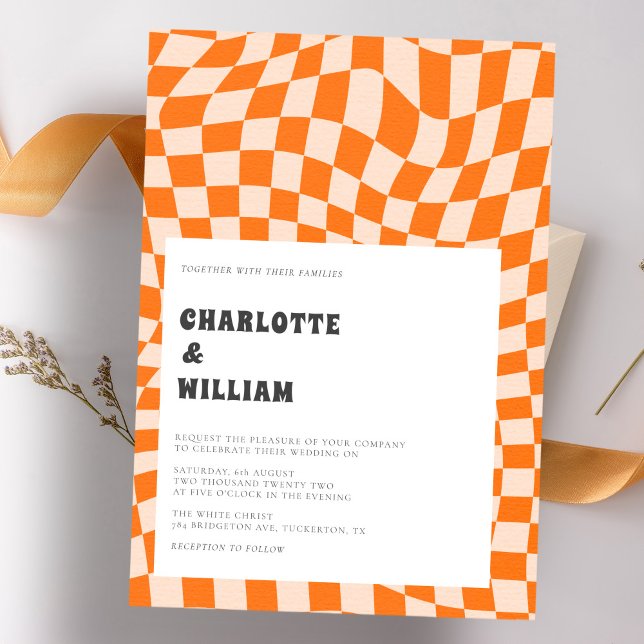 Groovy Colourful Chequered Unique Retro Wedding Invitation (Creator Uploaded)