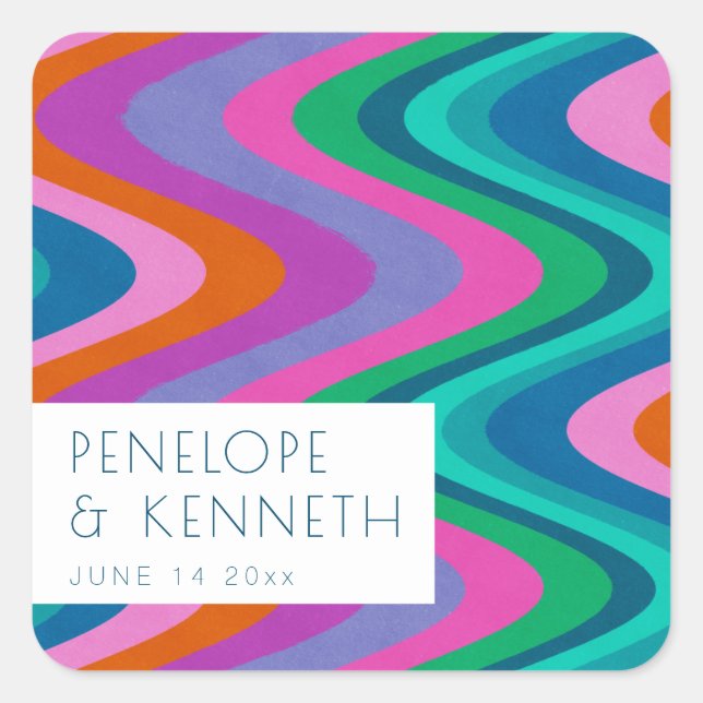 Groovy Colourful Green Purple Retro Wedding Custom Square Sticker (Front)