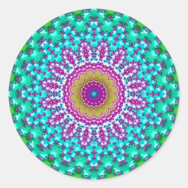 Groovy Colourful Jewel Tone Boho Fractal Mandala Classic Round Sticker (Front)