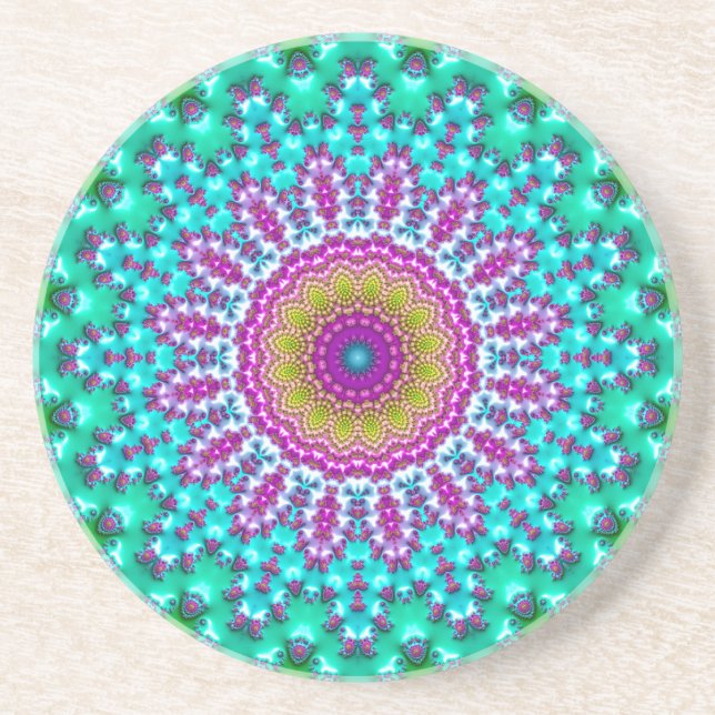 Groovy Colourful Jewel Tone Boho Fractal Mandala Coaster (Front)