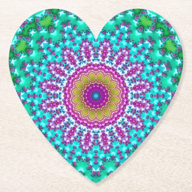 Groovy Colourful Jewel Tone Boho Fractal Mandala Paper Coaster (Front)