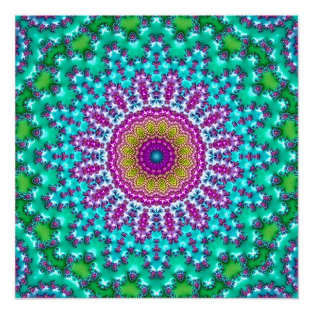 Groovy Colourful Jewel Tone Boho Fractal Mandala Poster (Front)