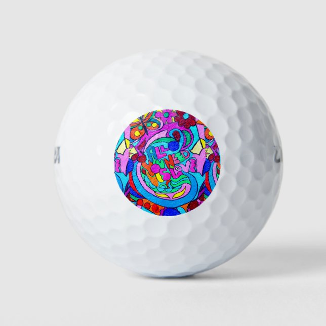 groovy colourful peace and love golf balls (Front)