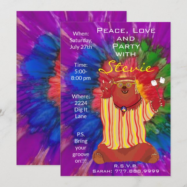 Groovy Colourful Peace Bear 1960"s Style Invitatio Invitation (Front/Back)