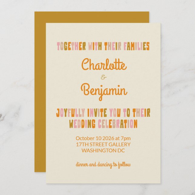 Groovy Colourful Pink and Mustard Lettering Weddin Invitation (Front/Back)