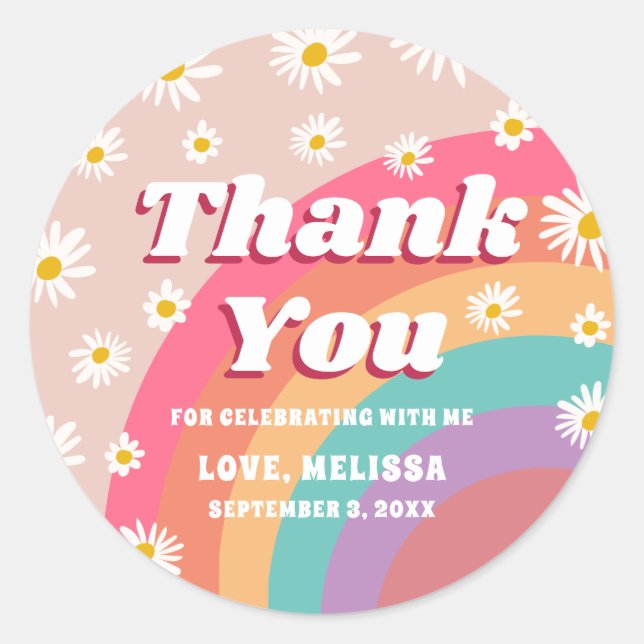 Groovy Colourful Rainbow & Daisy Birthday Thank Yo Classic Round Sticker (Front)