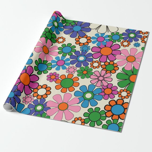 Groovy Colourful Retro 60s 70s Floral Pattern Wrapping Paper (Unrolled)
