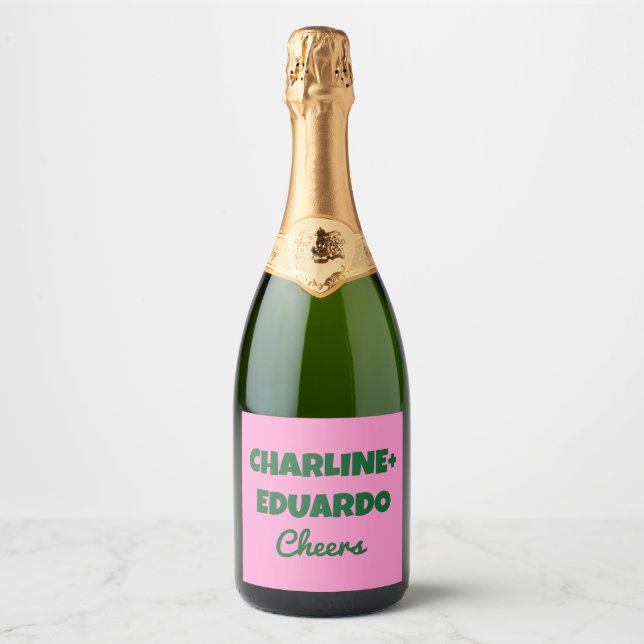 Groovy Colourful Retro Pink Green Wedding Sparkling Wine Label (Front)