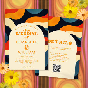 Groovy Colourful Retro Wavy Boho QR Code Wedding Invitation