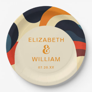 Groovy Colourful Retro Wavy Boho Wedding Paper Plate