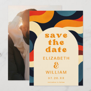 Groovy Colourful Retro Wavy Boho Wedding Photo Save The Date