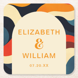 Groovy Colourful Retro Wavy Boho Wedding Square Paper Coaster