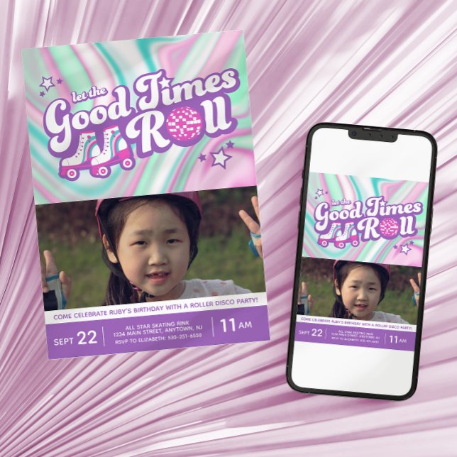 Groovy Colourful Swirls Roller Disco Party Photo Invitation (Creator Uploaded)