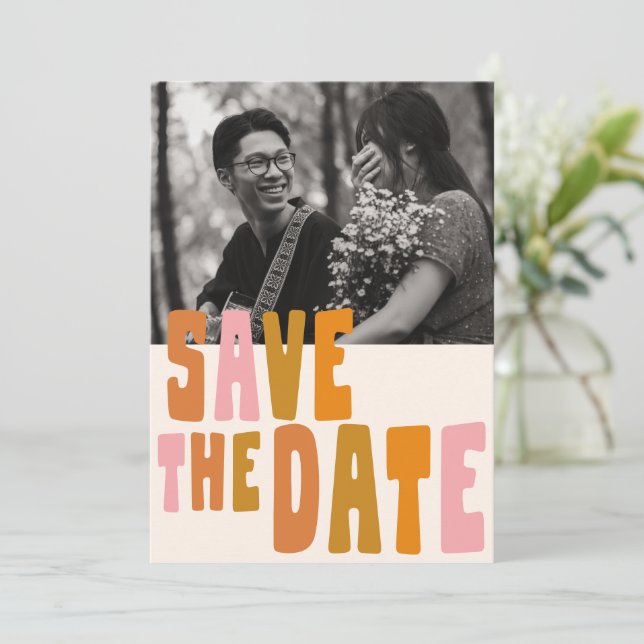 Groovy Colourful Unique Engagement Photo Save The Date (Standing Front)