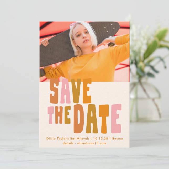 Groovy Colourful Unique Retro Bat Mitzvah Photo Save The Date (Standing Front)