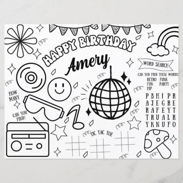 Groovy Colouring Pages Retro Birthday Party  (Front)