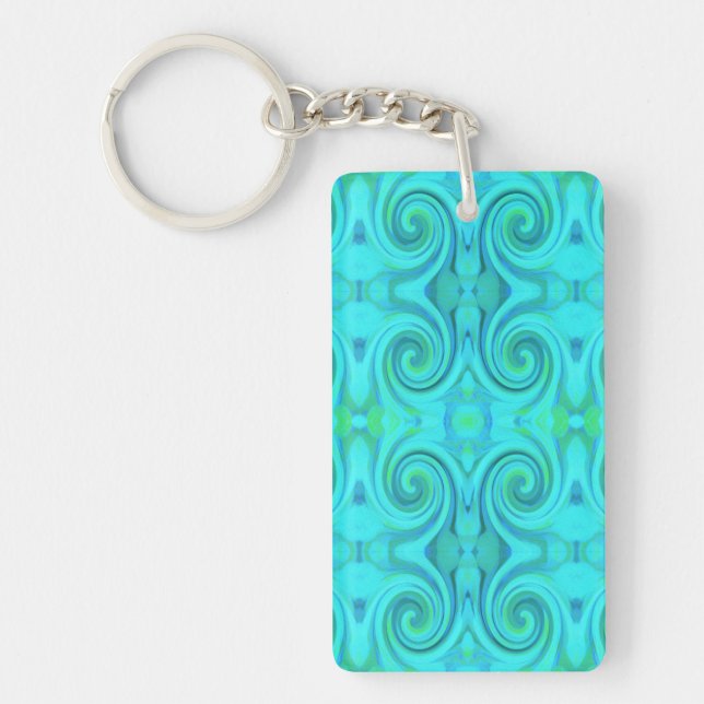 Groovy Cool Abstract Aqua Liquid Art Swirl Pattern Key Ring (Front)