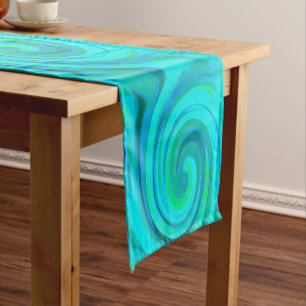 Groovy Cool Abstract Aqua Liquid Art Swirl Short Table Runner