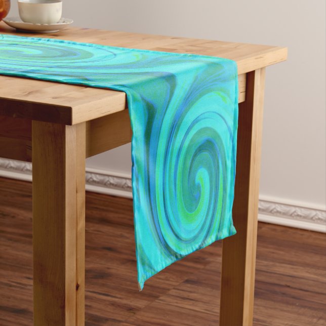 Groovy Cool Abstract Aqua Liquid Art Swirl Short Table Runner (In Situ)