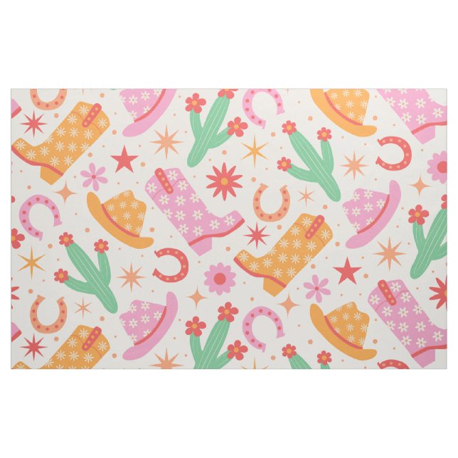 Groovy Cowgirl Boots and Hats Pattern with Cactus  Fabric (Yard)